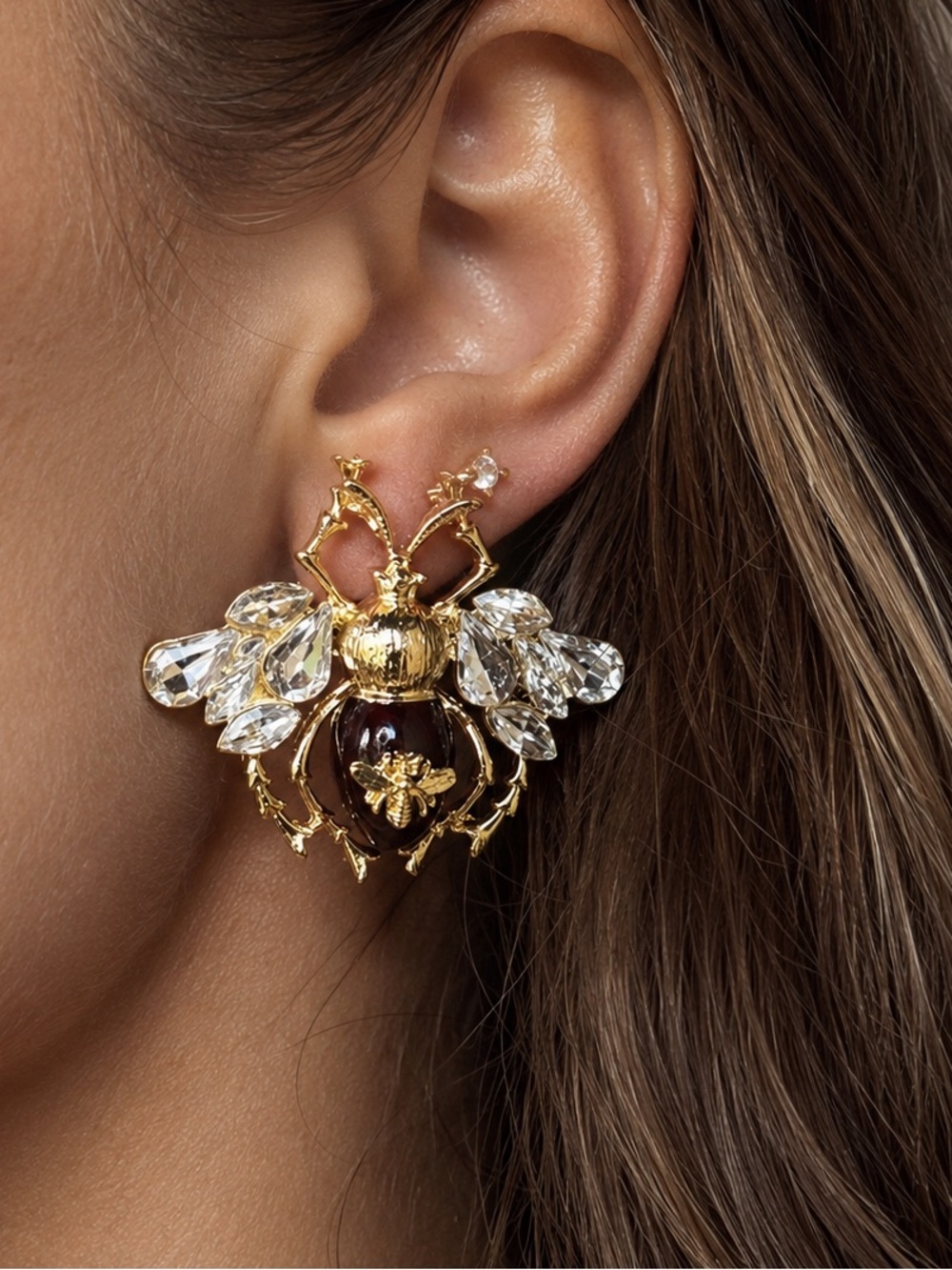 Queen Bee Earrings – Gold & Crystal Accents